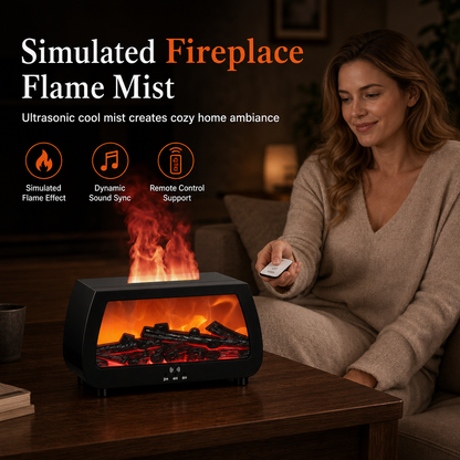 🔥 50% RABATT NU! 💨 Luftfuktare med eldstadseffekt – Aromadiffusor, musiksynk & tystgående – För sovrum, kontor & yoga 🌙