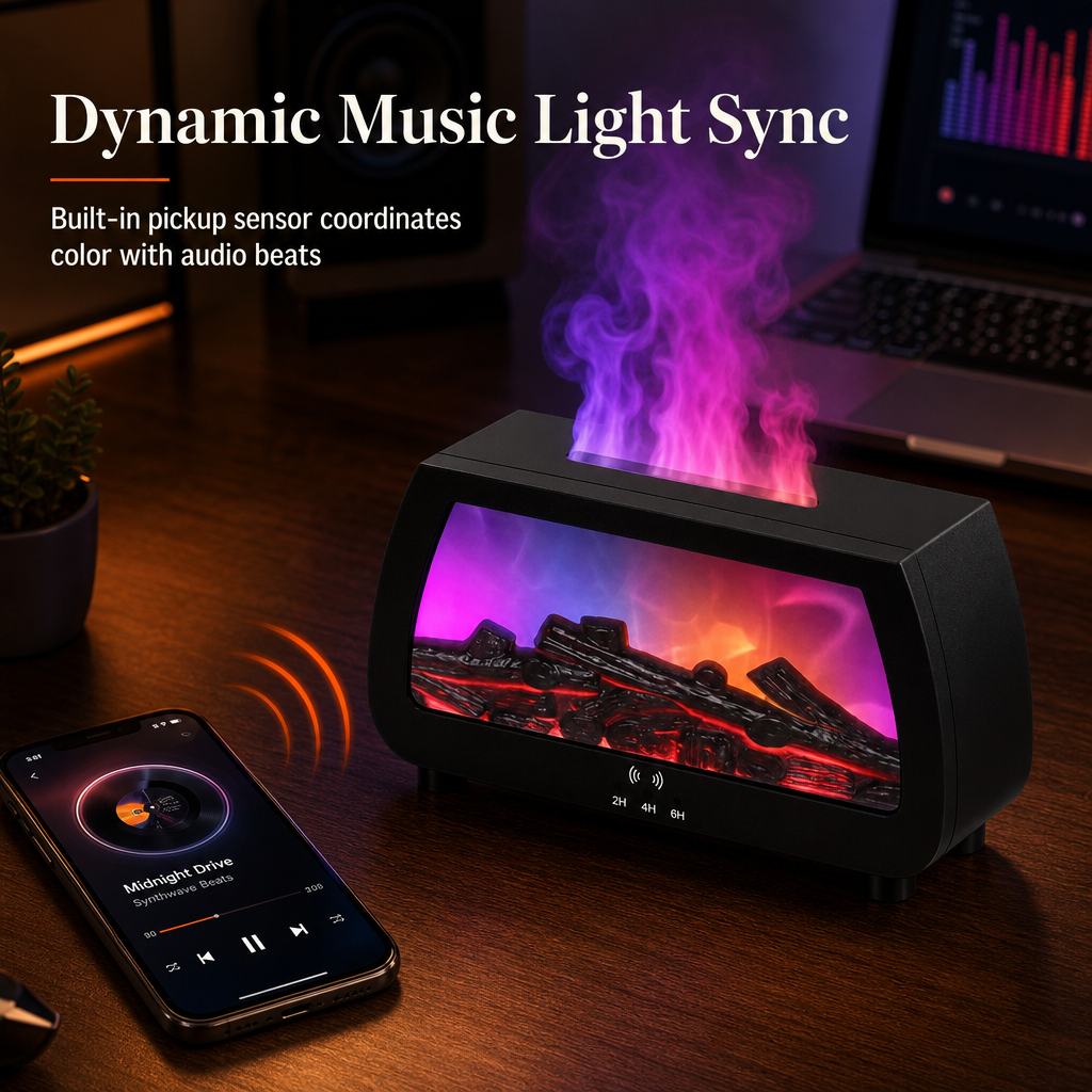 🔥 50% RABATT NU! 💨 Luftfuktare med eldstadseffekt – Aromadiffusor, musiksynk & tystgående – För sovrum, kontor & yoga 🌙