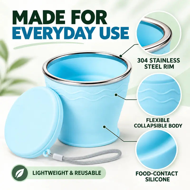 🥤 50 % RABATT NU! 🎒 Kompakt hopfällbar resemugg i silikon – fälls platt, fäster på ryggsäcken & tål kokande vatten 💧
