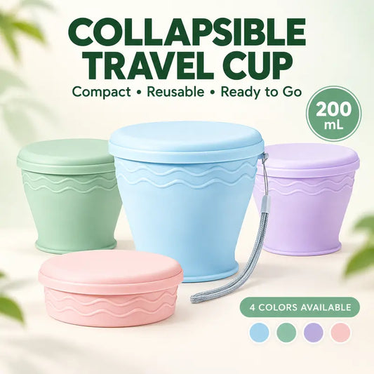 🥤 50 % RABATT NU! 🎒 Kompakt hopfällbar resemugg i silikon – fälls platt, fäster på ryggsäcken & tål kokande vatten 💧
