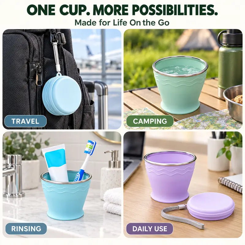 🥤 50 % RABATT NU! 🎒 Kompakt hopfällbar resemugg i silikon – fälls platt, fäster på ryggsäcken & tål kokande vatten 💧