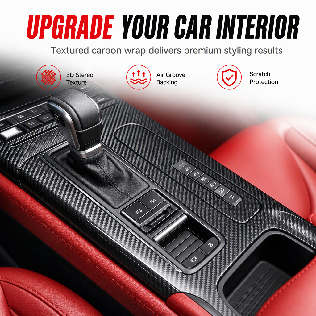 🚗 Tråkig interiör? – Dekorfilm i kolfiberlook – enkel att fästa, sportig uppgradering & skydd mot repor – för instrumentbräda, konsol & dörrar ✨