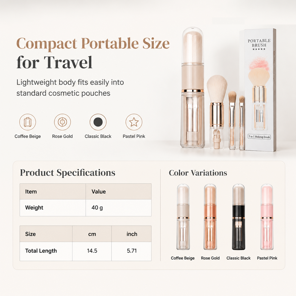 💄【5-i-1-set med sminkborstar i kapselform】—— Fem borstar i en förpackning, med utdragbar förvaring – det här setet räcker gott och väl när du är på språng! ✨