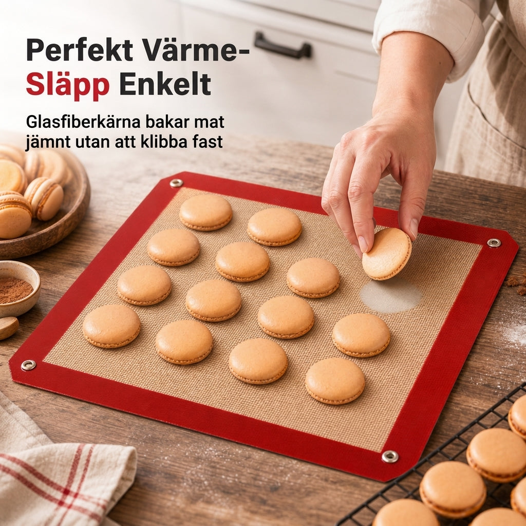 🧁 50% RABATT NU! 🍪Non-stick silikonbakmatta med snapshörn – värmebeständig glasfiberkärna, läckagesäker form & enkel rengöring – perfekt för macarons, bakverk och röriga ugnsbak ✨