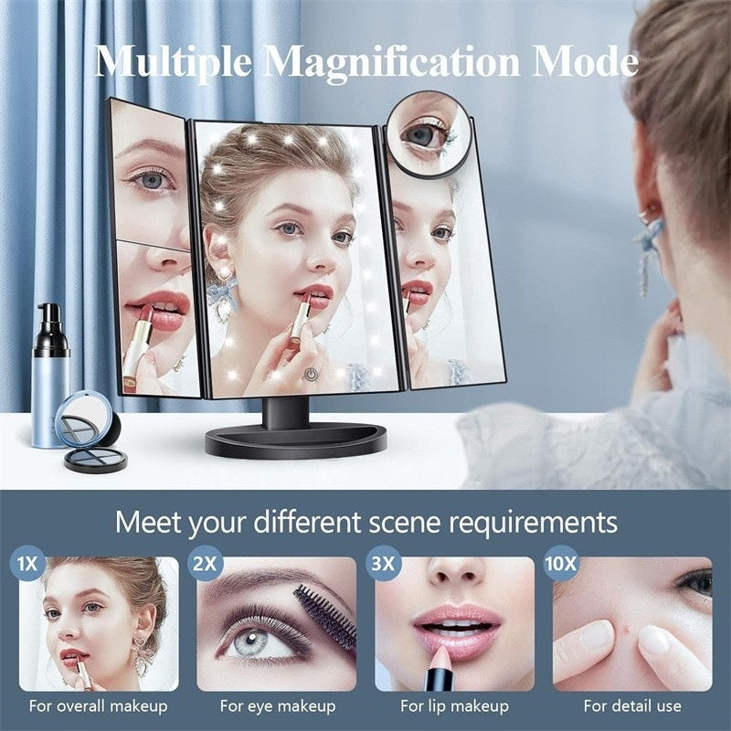✨50 % RABATT Tresidig sminkspegel med belysning, justerbar ljusspegel för smink