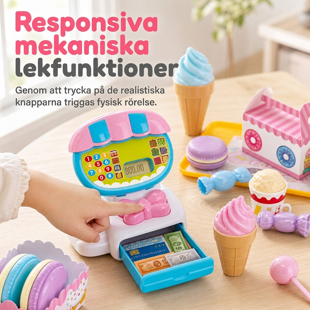 50 % RABATT Pedagogisk leksakskassa för barn, låtsaslek med leksmat, hamburgare och mataffartillbehör