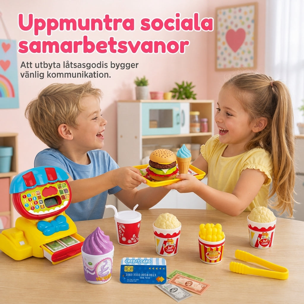 50 % RABATT Pedagogisk leksakskassa för barn, låtsaslek med leksmat, hamburgare och mataffartillbehör