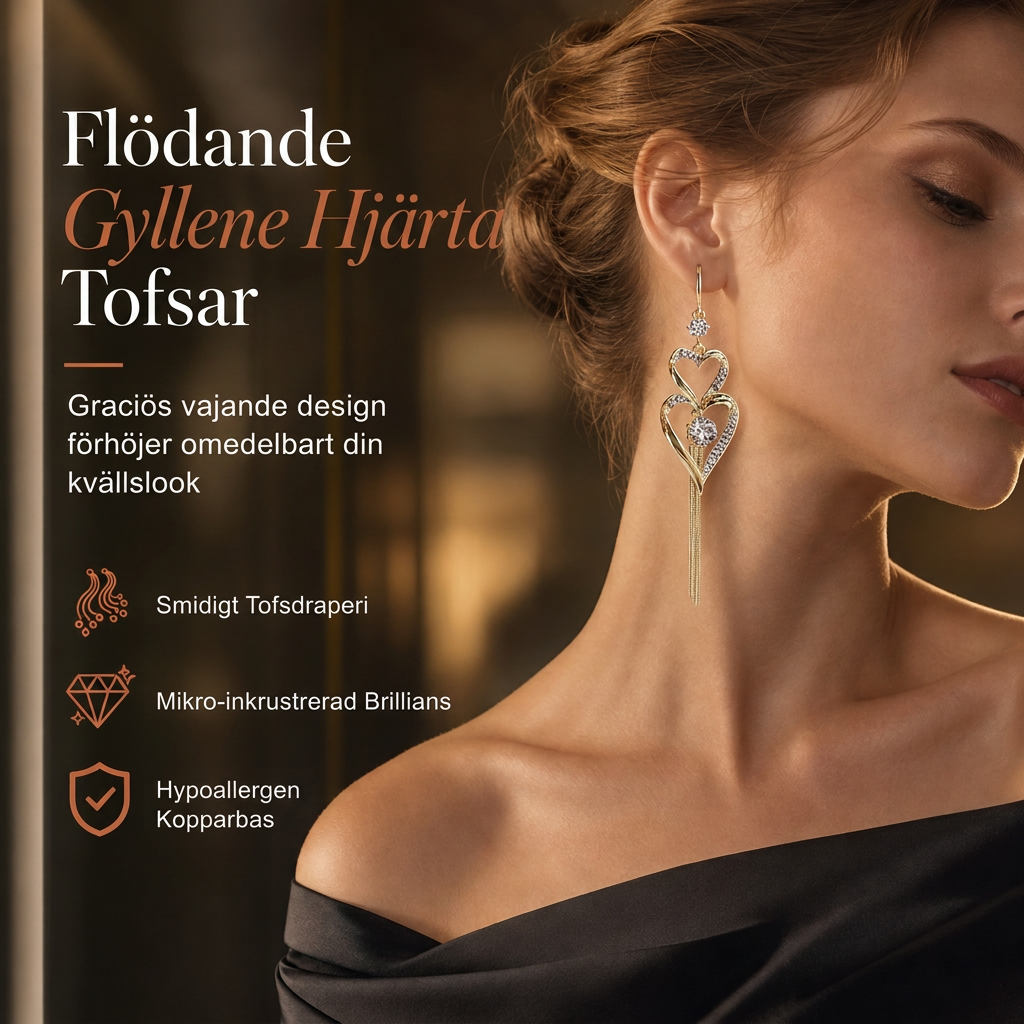 Eleganta dubbelsidiga hängörhängen i guld med hjärtdetaljer och tyglasor för kvinnor