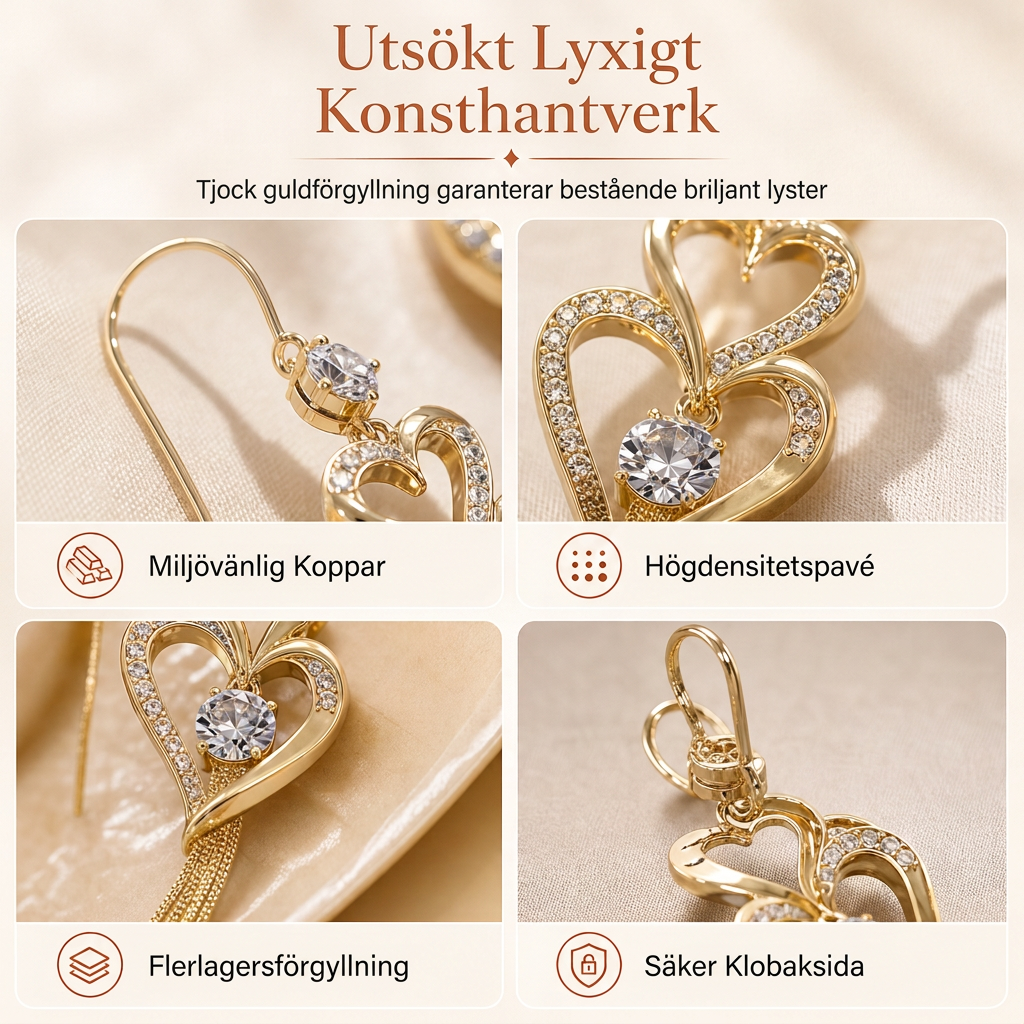 Eleganta dubbelsidiga hängörhängen i guld med hjärtdetaljer och tyglasor för kvinnor