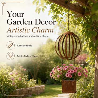 🎈 Vintage Iron Hot Air Balloon Hanging Planter ✨ Distressed Finish, With S-Hook, Garden Decor | 50% OFF
