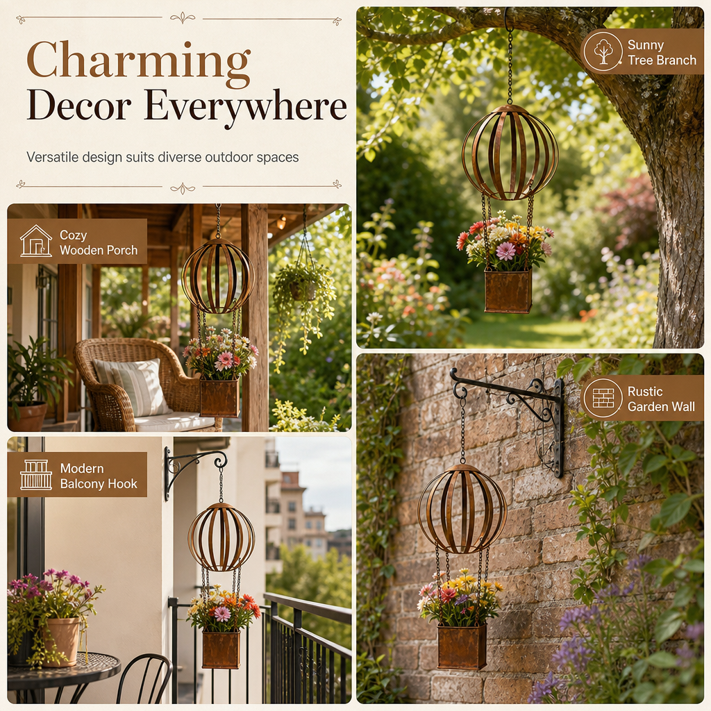 🎈 Vintage Iron Hot Air Balloon Hanging Planter ✨ Distressed Finish, With S-Hook, Garden Decor | 50% OFF