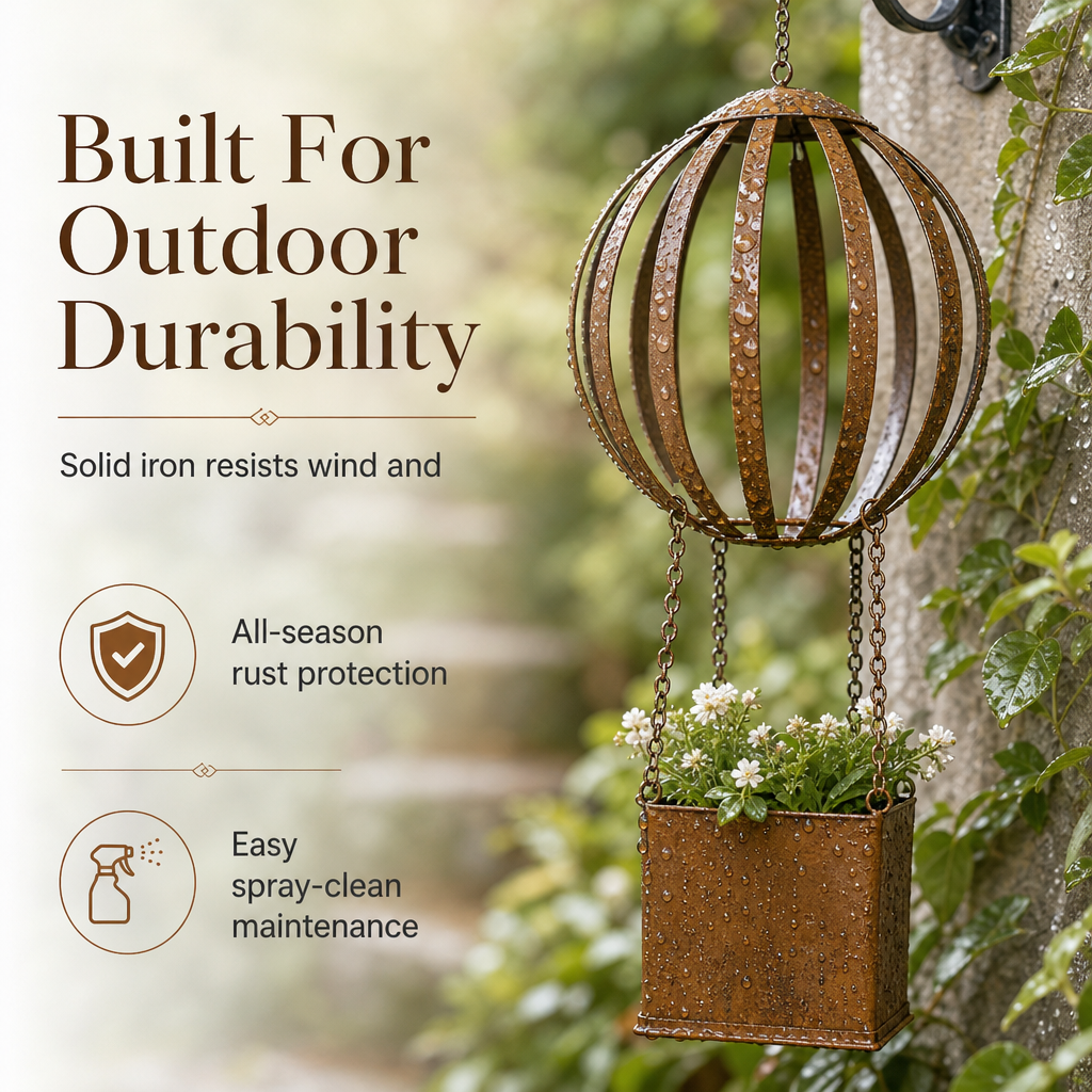 🎈 Vintage Iron Hot Air Balloon Hanging Planter ✨ Distressed Finish, With S-Hook, Garden Decor | 50% OFF