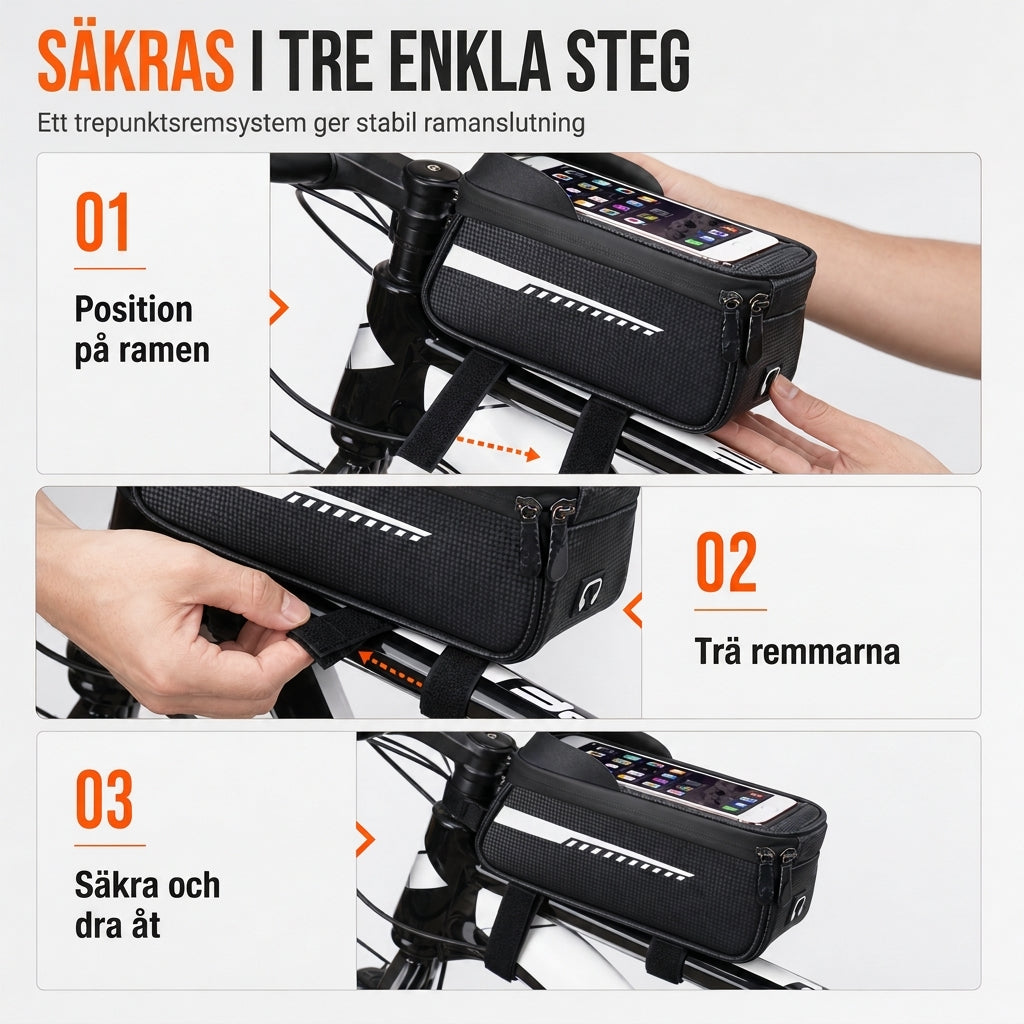 Vattentät cykelramväska för framtuben 🚲 med telefonhållare för mountainbikes och landsvägscyklar | 50 % rabatt