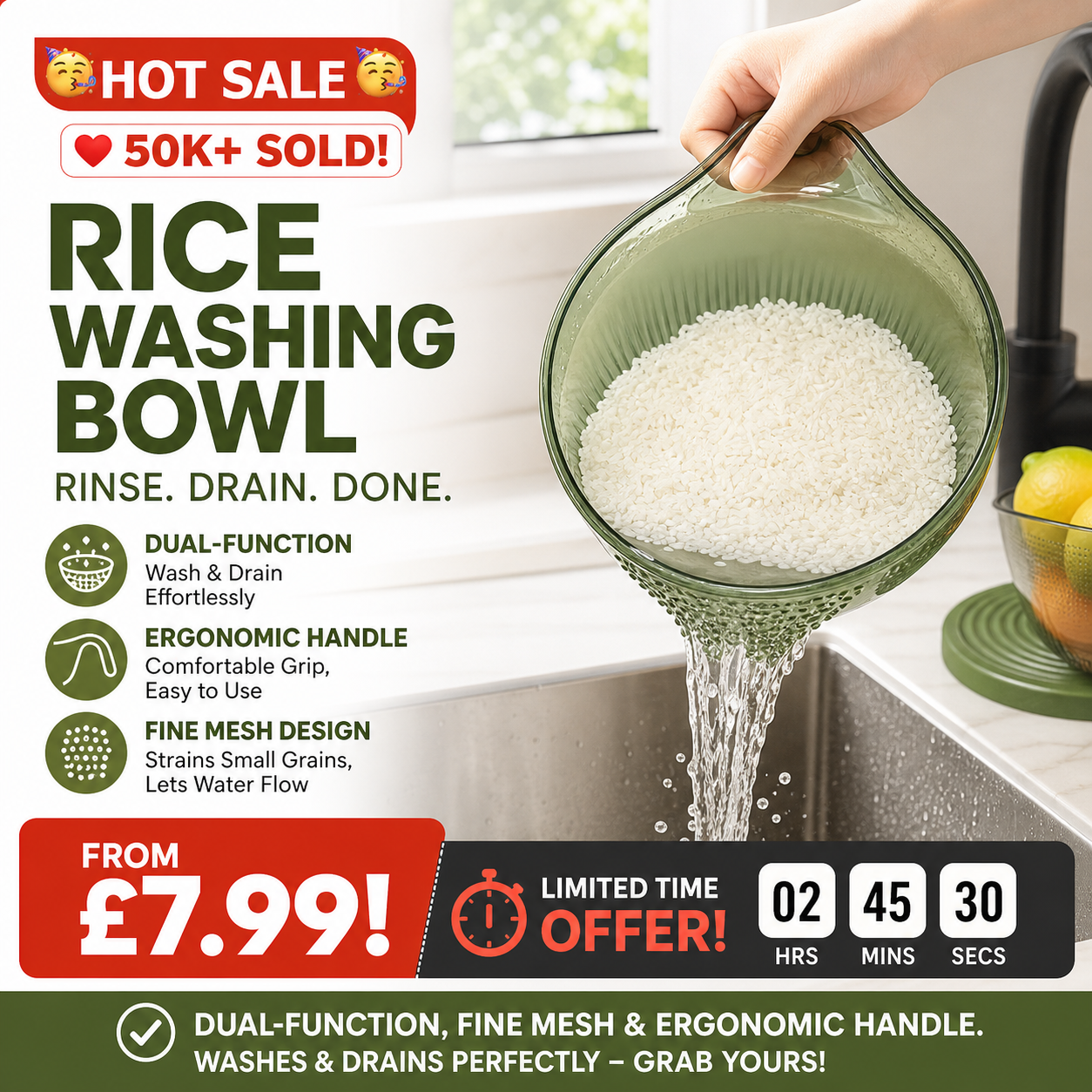 🍚 Skölj ris utan att förlora ett enda korn – silskål med fint nät och handtag.