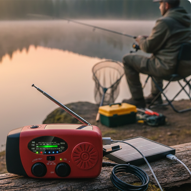 Multifunktionell bärbar solcellsdriven nödradio – powerbank, vev och vädervarning för friluftsliv och krisberedskap